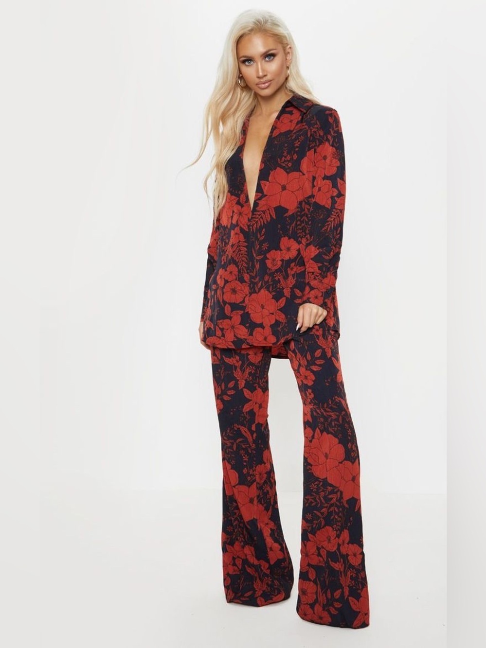 Pretty little thing Red Floral Wide-Leg Pants & Jacket Set 0